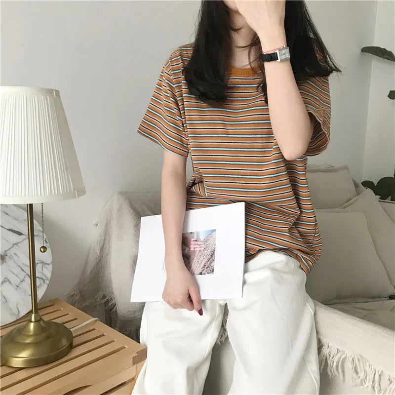 MRMT 2026 Brand New Women's Striped t-Shirts Contrast Color Striped Women t Shirt Loose Woman Bottoming Shirts Tops Tees