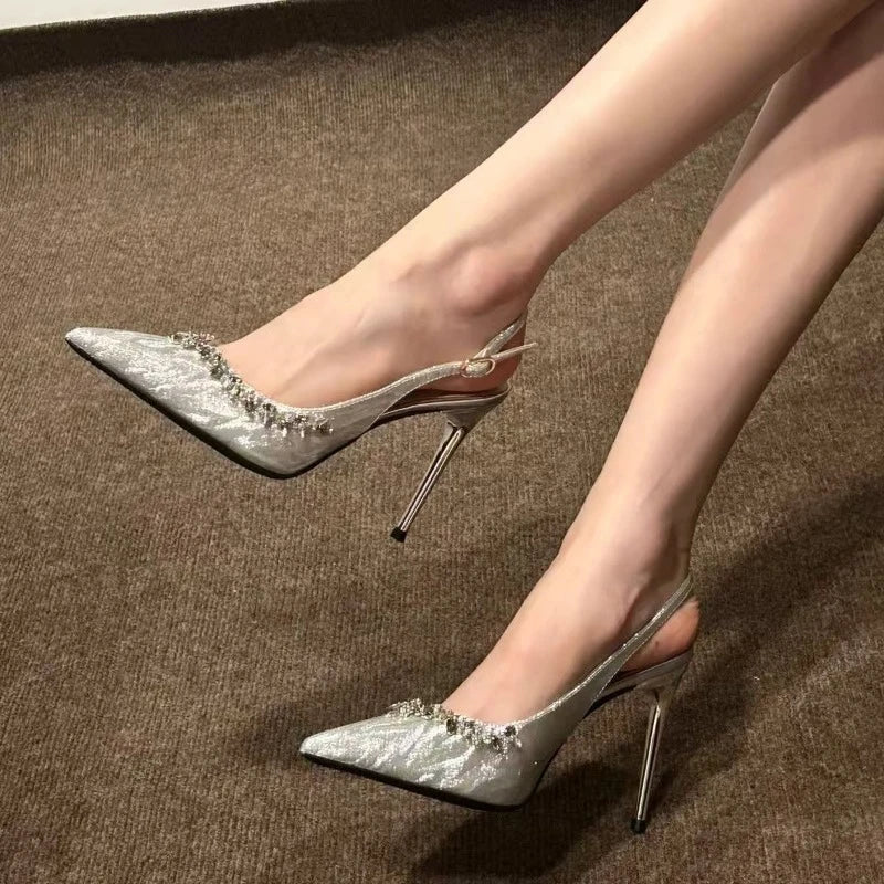 Fashion Stiletto Sandals Women's Pointed Toe Shallow Mouth Sequin Slip Strap Anti-Slip Wear-Resistant High Heels