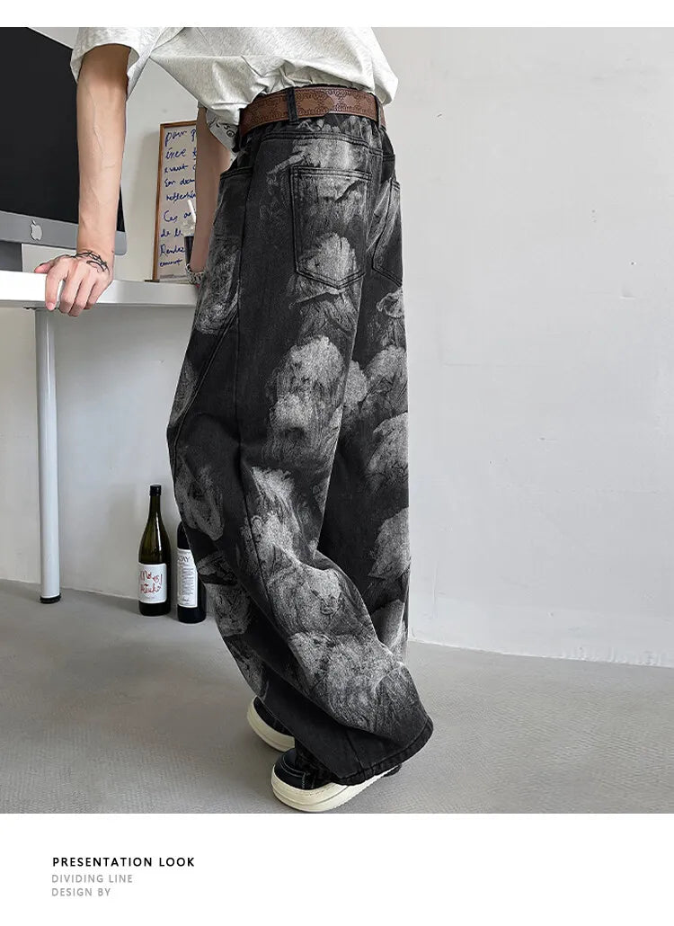 Straight Loose Fit Printed Streetwear Jeans Unisex Urban Fashion Trendy Casual Denim Pants mens Hip Hop Oversized Comfort 2023