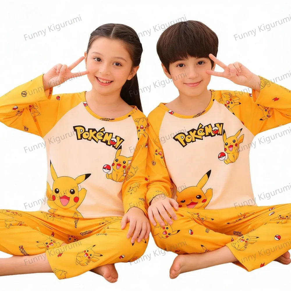 Cartoon Pijamas for Kids 3 to 5 7 9 11 13 Years Clothing Sets Boys Home Wear Girls Full Sleeve Pikachu Pajamas Teen Loungewear