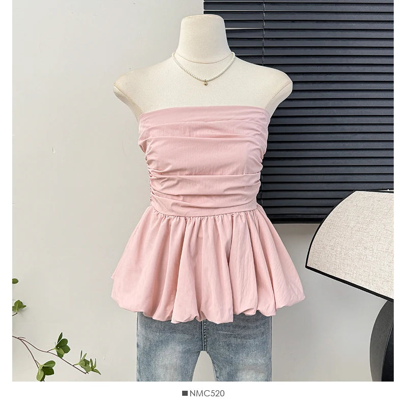 Sexy pleated ruffle Camis Chic  tube top Slim Korean Tanks Top Elegant  off shoulder Crop Top Summer Women Bustier