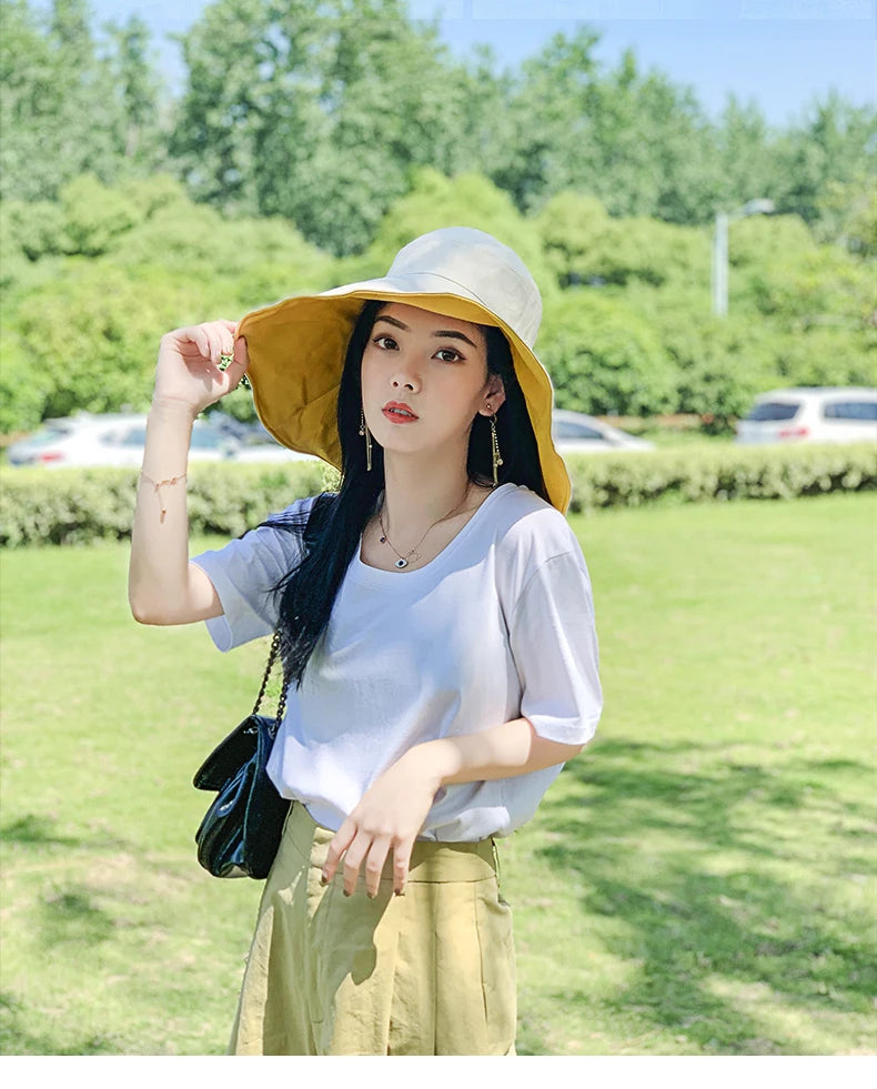Wide Brim UPF 50+ Sun Hat Women Anti-UV Protection Hiking Fisherman Cap Fold Summer Solid Beach Hat 2024 Double sided Sun hat BAZAARHUBO