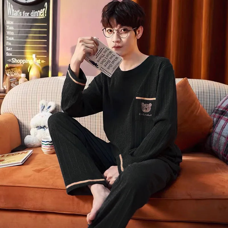 Pajamas for Men Spring and Autumn Long-Sleeved Young Men's Simple Casual Lapel Autumn and Winter Home Wear Set