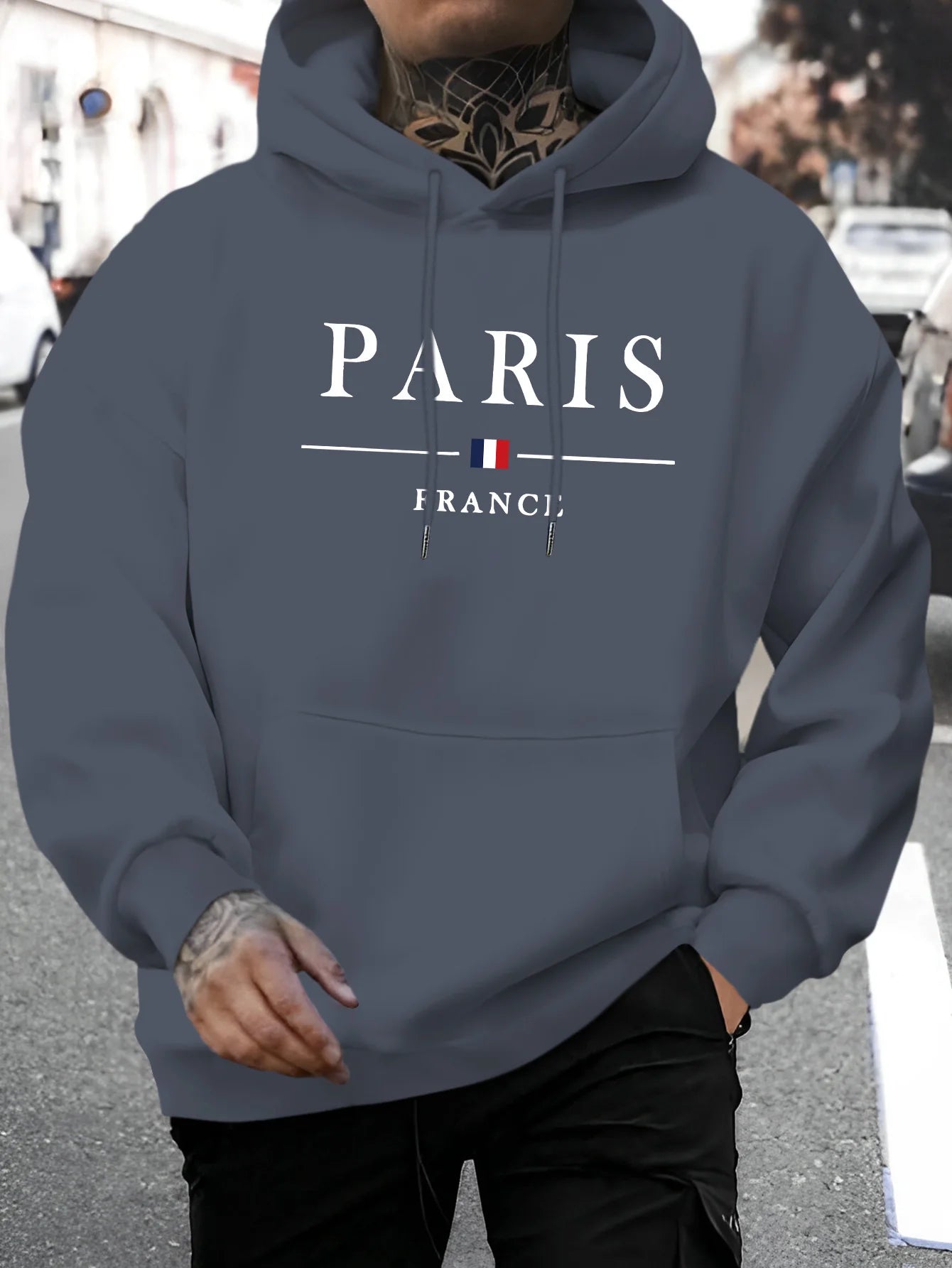 Men's autumn and winter casual fashion loose Paris letter pattern printed long sleeved hooded sweatshirt warm pullover BAZAARHUBO
