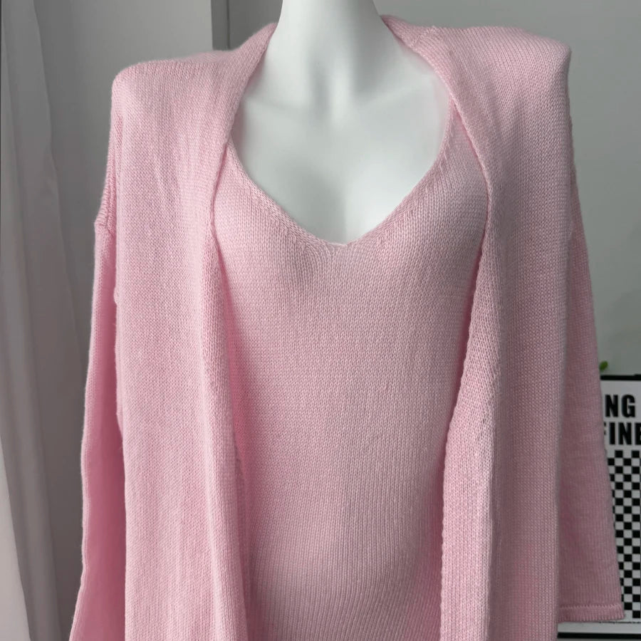 Hirsionsan Soft Loose Sets Women Three Pieces Long Sleeve Cardigan & Sexy Vest Dresses Elegant Female Hollow Outfits Tracksuit