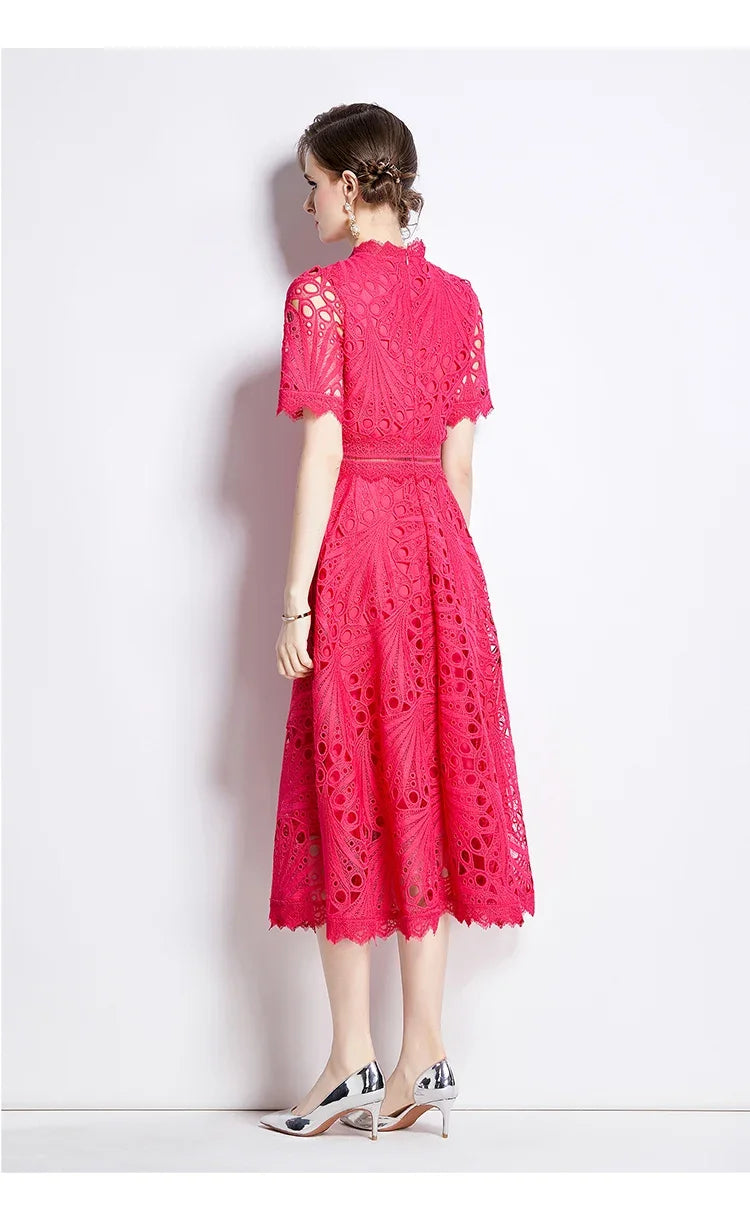 SMTHMA Vintage High-End O-Neck Short Sleeve Lace Hollow Out Dress For Women's Summer Slim Elegant Long Dress Female Clothing