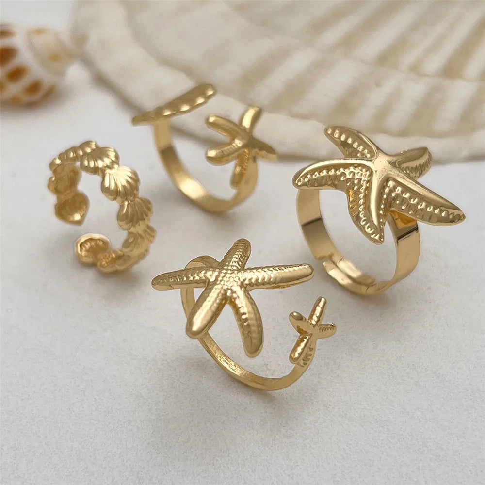Starfish Scallop Adjustable Open Rings Gold Geometric Design Rings for Women Vacation Style Irregular Beach Jewelry Accessories