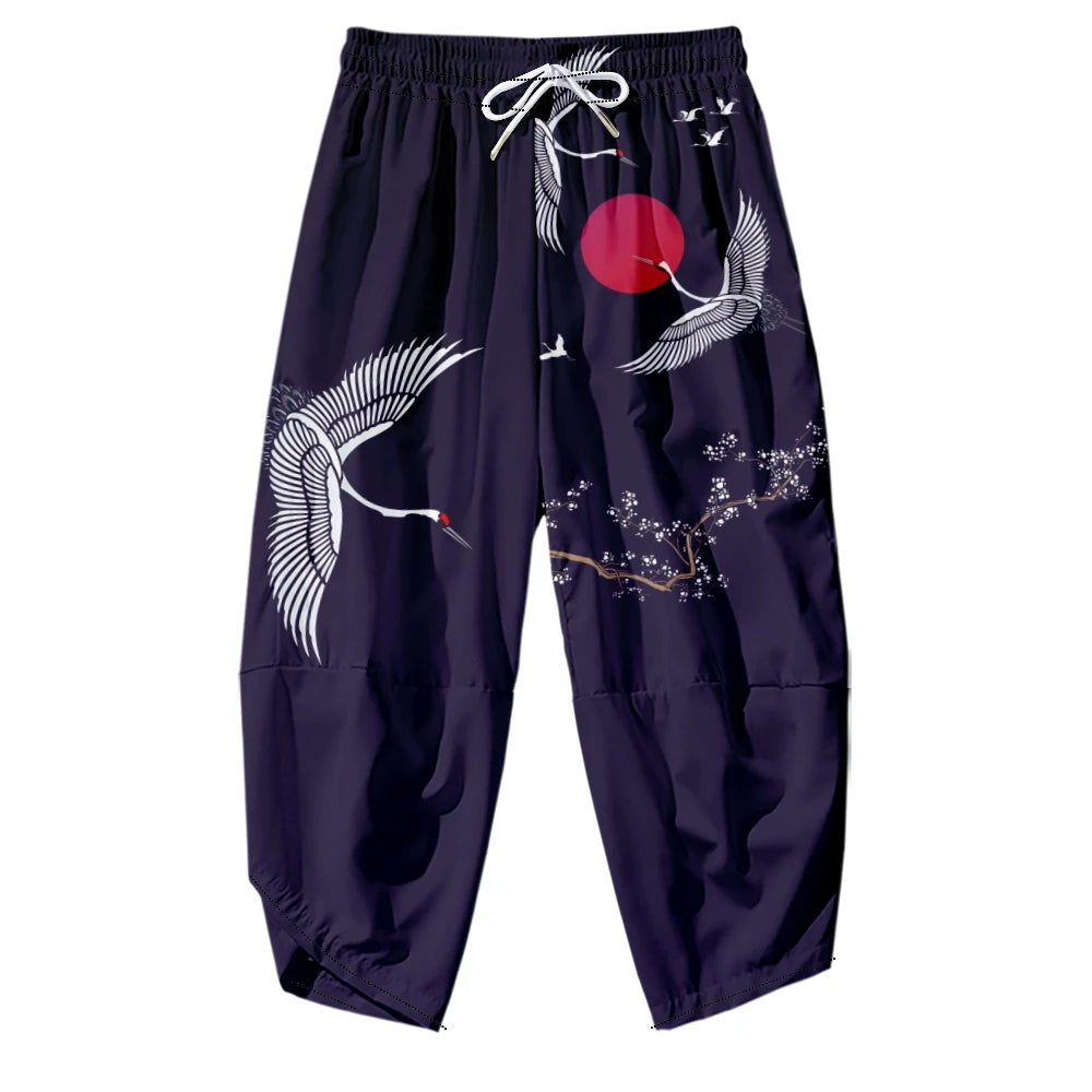 Men Yukata Style Harajuku Cardigan Traditional Japanese Great Wave of Kanagawa Crane Printed Trousers Asian Costume Kimono Pants