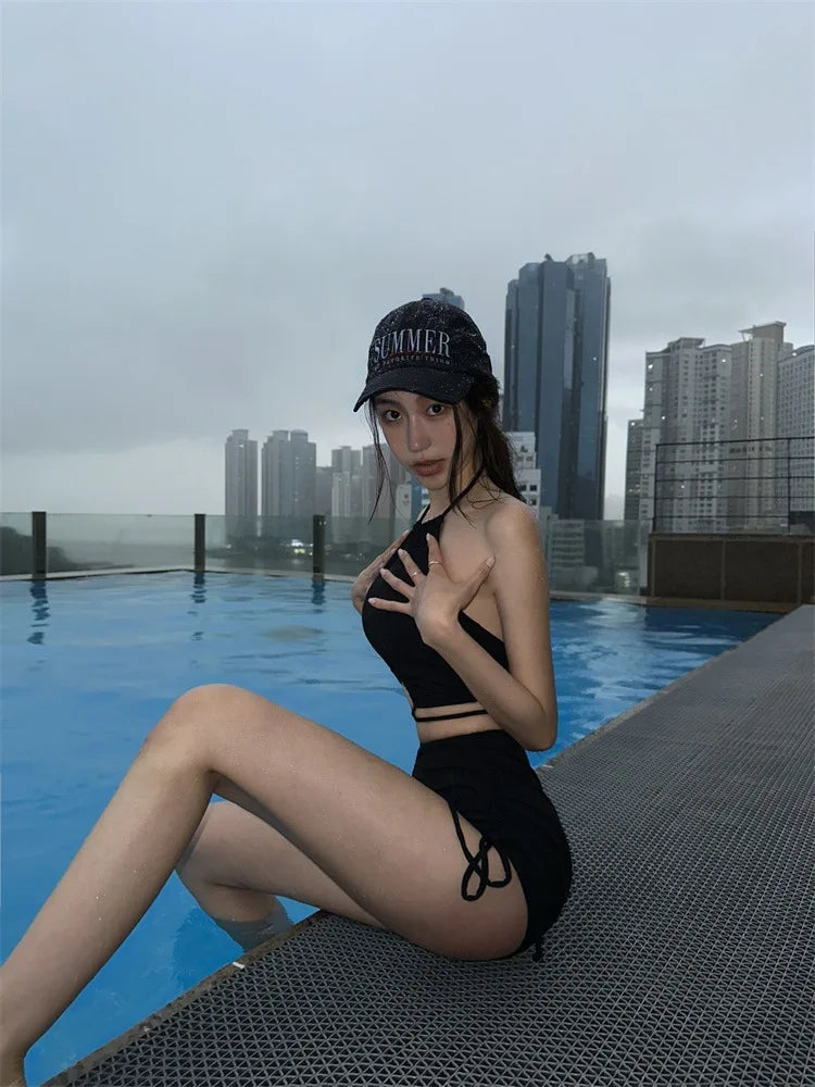 European and American Sexy Bikini Solid Color Design Swimsuit Spicy Girl Hanging Neck Strap Beach Vacation Split Swimsuit