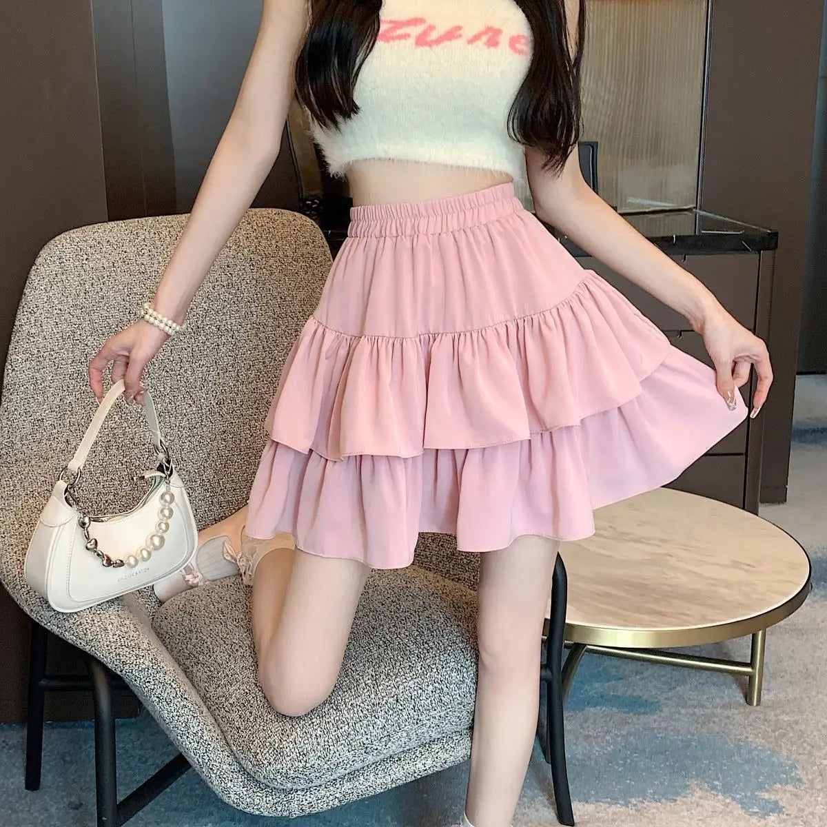 Ruffled Cake Skirts for Women High-waisted A-line Solid All-match Sweet Lovely Girls Korean Style Gentle Spring Kawaii Casual