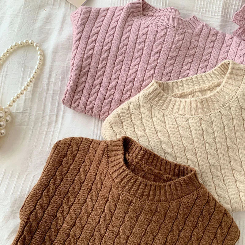 2024 Autumn Spring Kids Knitted Clothing Set Long Sleeved Solid Color Pullover Sweater+Pants Korean Style Baby Girl Clothes Suit