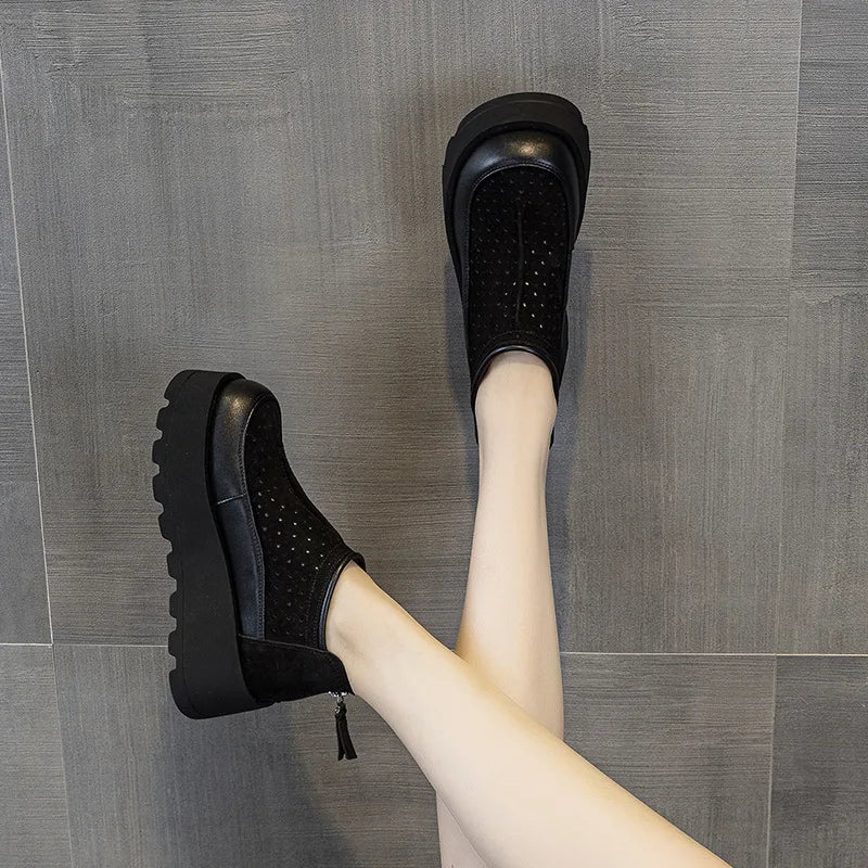 Fujin 6CM Suede Cow Genuine Leather Moccasins Women Platform Wedge Flats Women Shoes Ankle Booties Females ZIP Pumps Shoes