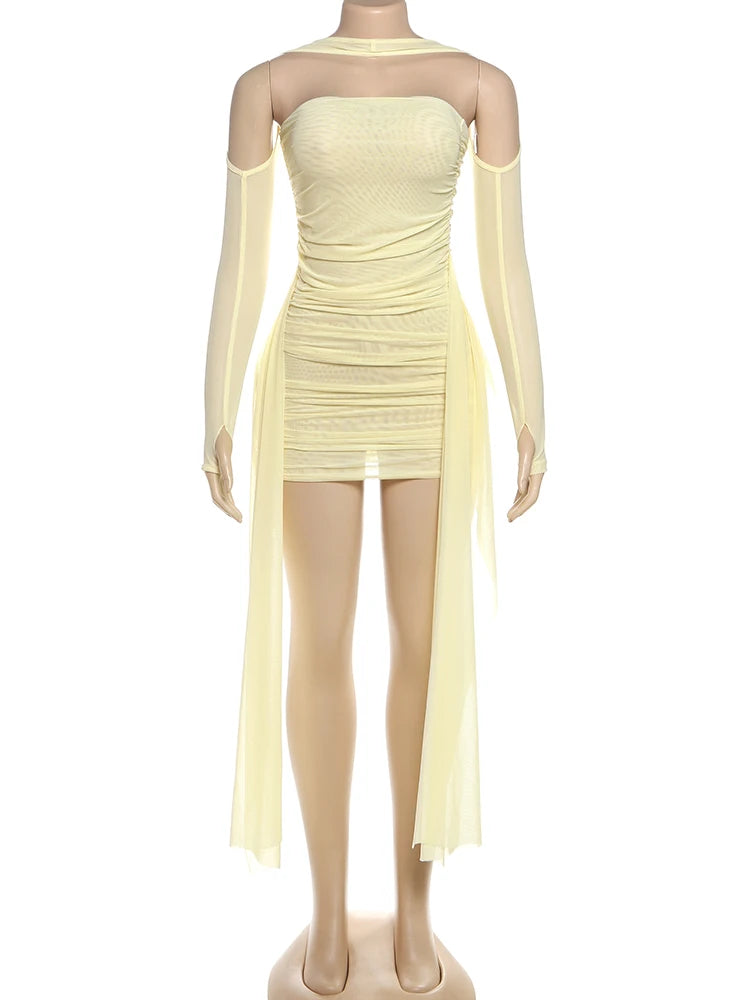 Sisterlinda Mesh Simple Mini Dress Fashion Solid Strapless Ribbons Tassel Body-shaping Vestidos+Seperately Full Sleeve Gloves