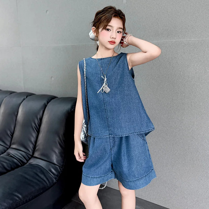 High Fashion Children Summer Denim Suit for Girls Casual Vest + Shorts 2 Piece Clothing Set Kids Trendy Street Outfit Age 5-14 Y