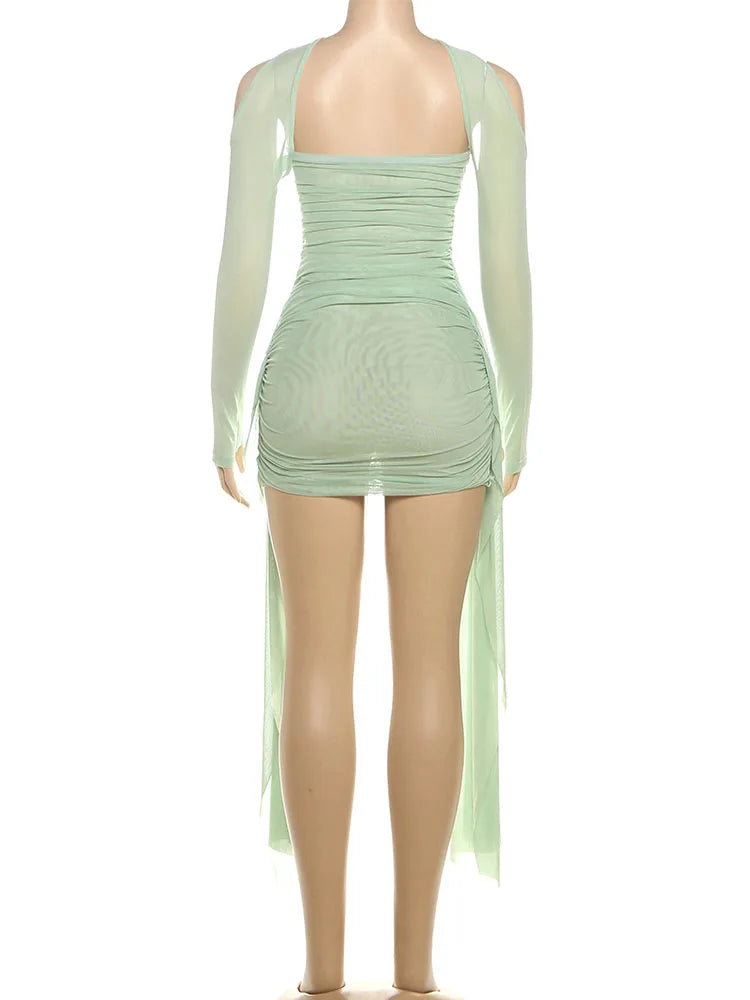 Sisterlinda Mesh Simple Mini Dress Fashion Solid Strapless Ribbons Tassel Body-shaping Vestidos+Seperately Full Sleeve Gloves