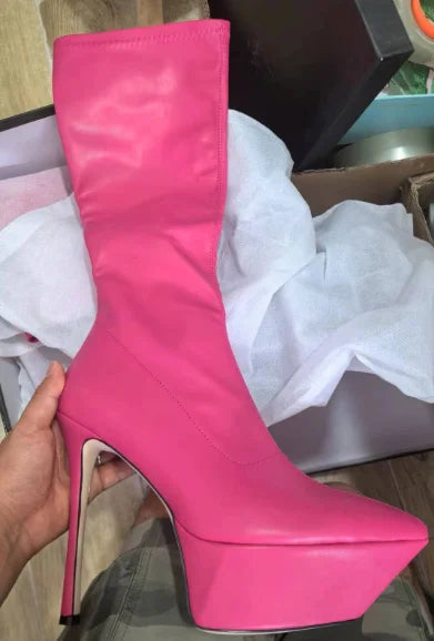 New Women Knee High Boots Patent Leather Pointed 15cm High Heels Winter Short Plush Waterproof Platform Girl Boots Large 34-45