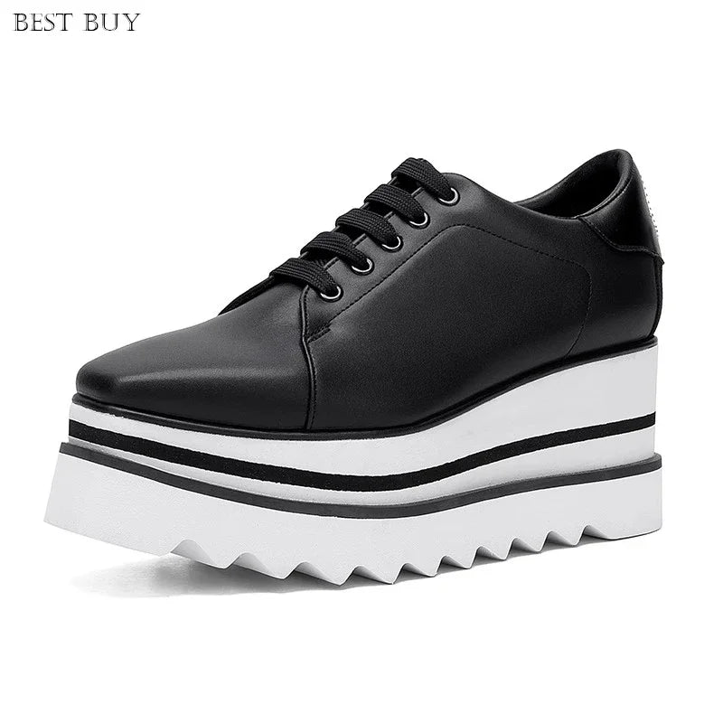 New beige Women Platform Casual Shoes 2024 Spring Black Casual Chunky Sneakers Women Real Leather White Height Increasing Shoes