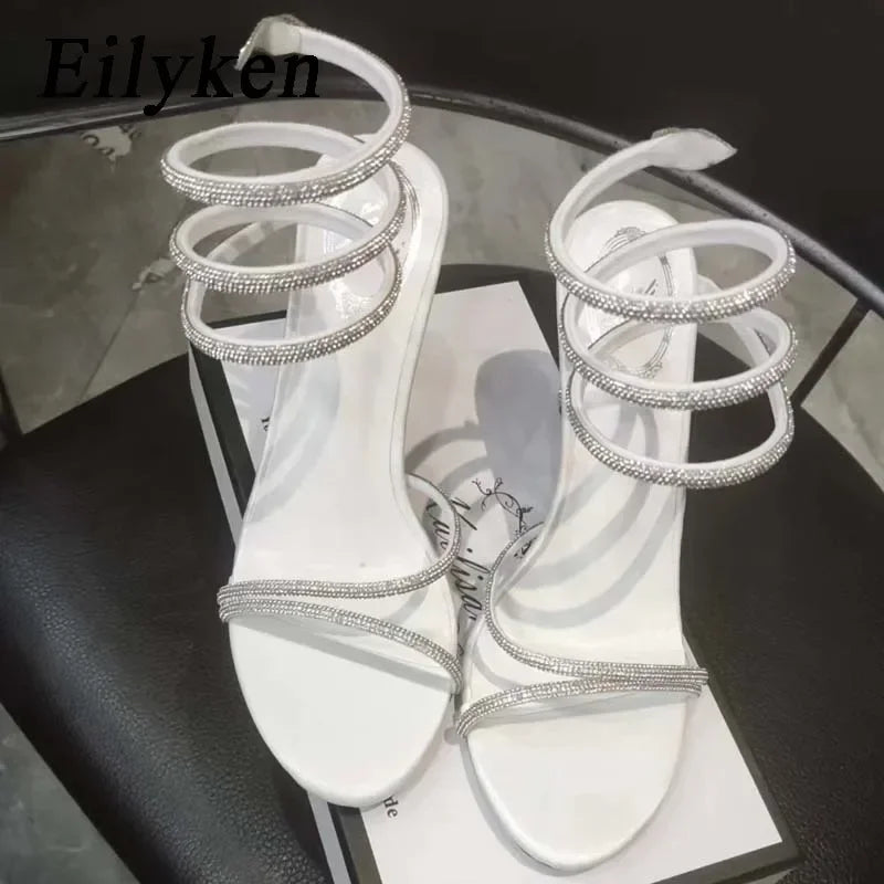 Eilyken Fashion Crystal Stiletto High Heels Woman Sandals Street Style Sexy Open Toe Wedding Party Prom Ankle Strap Shoes