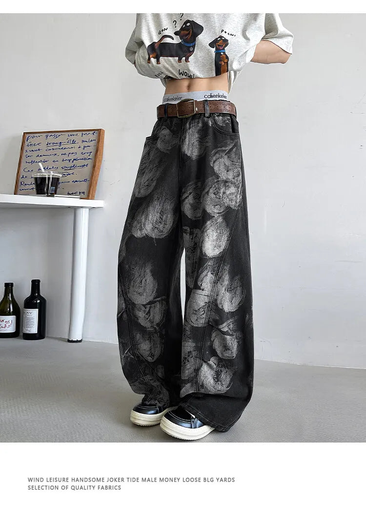 Straight Loose Fit Printed Streetwear Jeans Unisex Urban Fashion Trendy Casual Denim Pants mens Hip Hop Oversized Comfort 2023