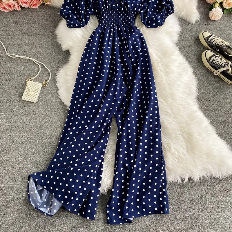V Neck Sexy Dolman Sleeves Waist Slim Floral Print Jumpsuit Women Wide Leg Trousers Jumpsuit