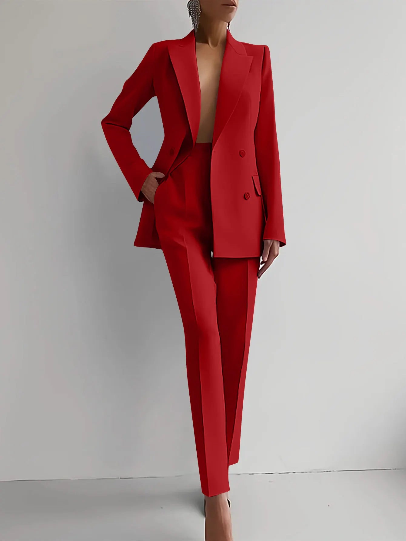 Spring Casual Long Sleeve Two Piece Blazer Pants Suit For Women Office Wear