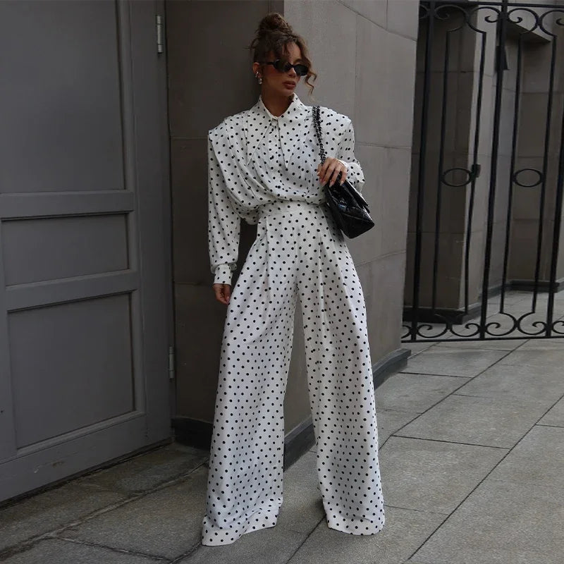 Elegant Dot Shirt Pants Women Set Casual Lapel Button Pleated Blouse Wide Leg Trousers 2026 Spring Summer Chic Lady Outfit New