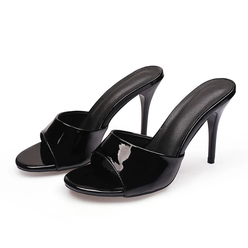Liyke Black Patent Leather Women Slippers Sandal Fashion Round Open Toe Mules High Heels Slides Summer Party Dress Shoes Size 43