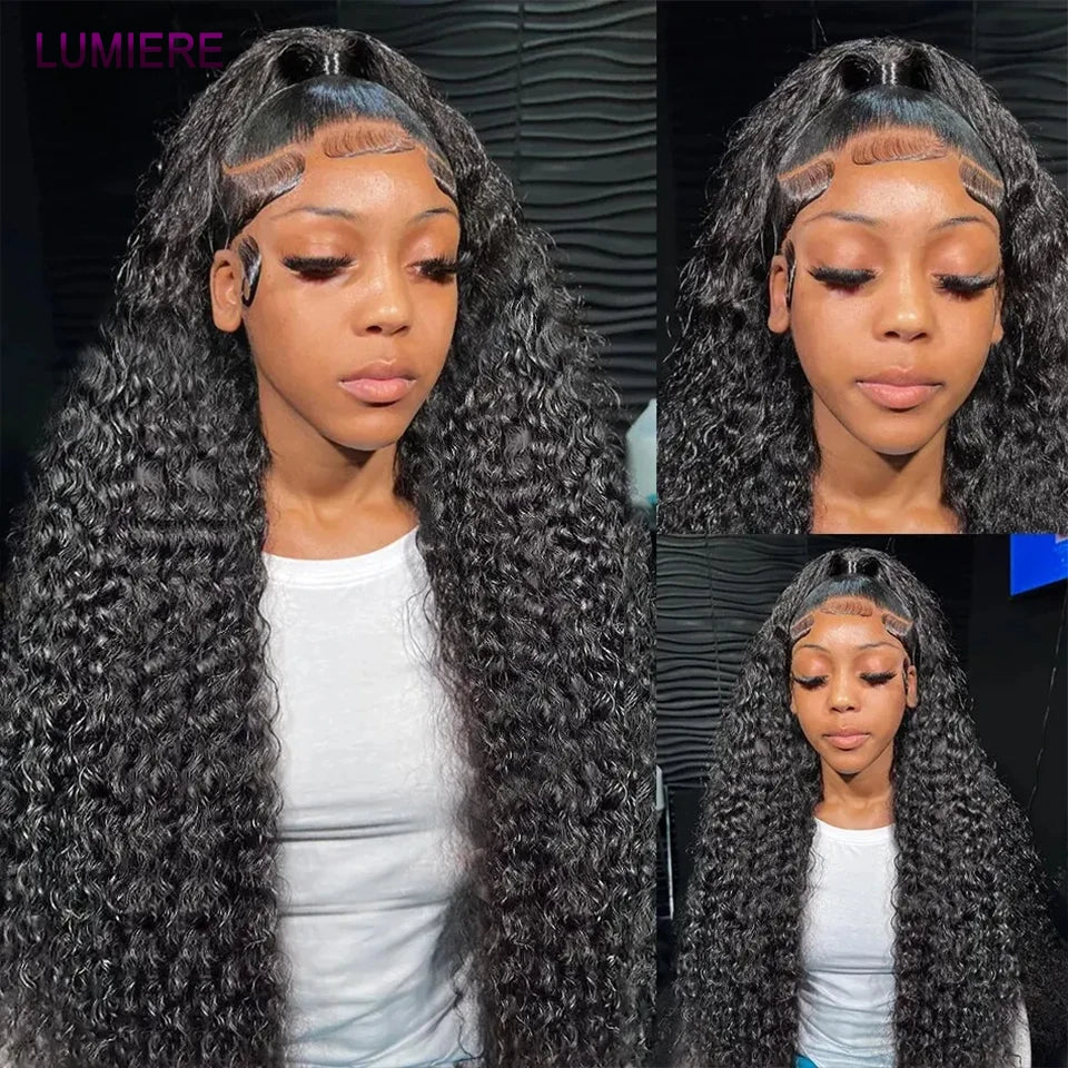 32" Deep Wave 100% Human Hair Bundle With Closure Fontal HD Transparent Curly 3 Bundles Human Hair Weavings And Closure Vietname