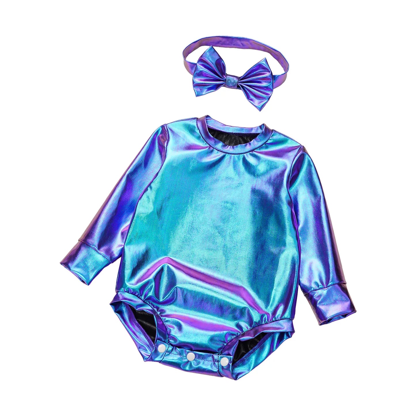 Baby Girls Long Sleeve Metallic Shiny Buttons Crotch Romper with Bow Headband Birthday Theme Party Photography Outfit Daily Wear