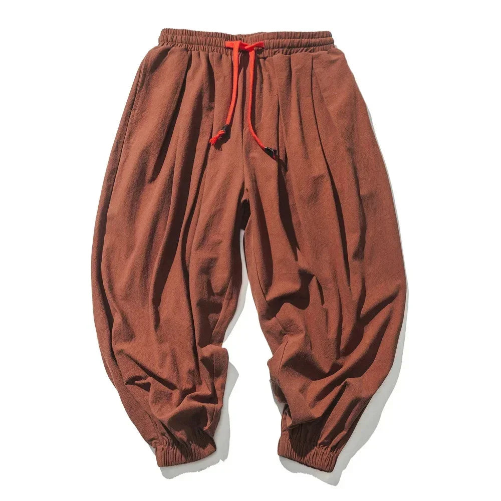 Men's Casual Solid Color Harem Pants Cotton and Linen Loose Oversize Beach Pants Jogger Sweatpants Male Wide Leg Trousers