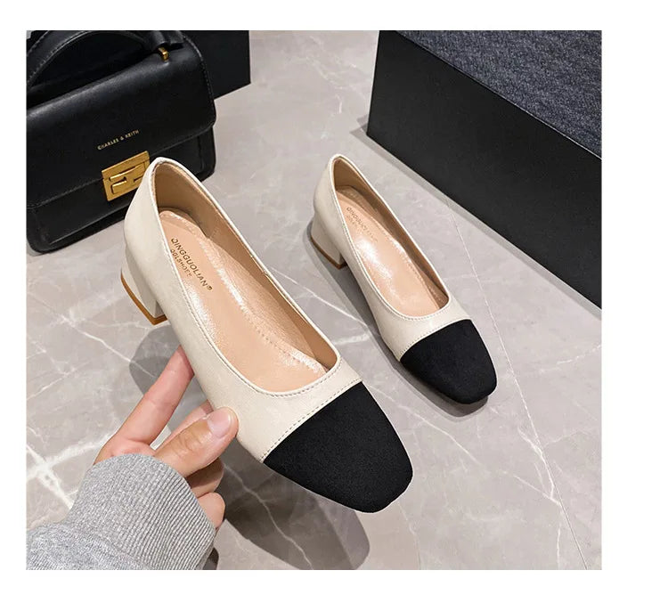 Woman Elegant Square Toe 3cm High High Heels Cute Beige Shallow Mouth Heel Female Shoes Barefoot Color Blocking Birken Shoes