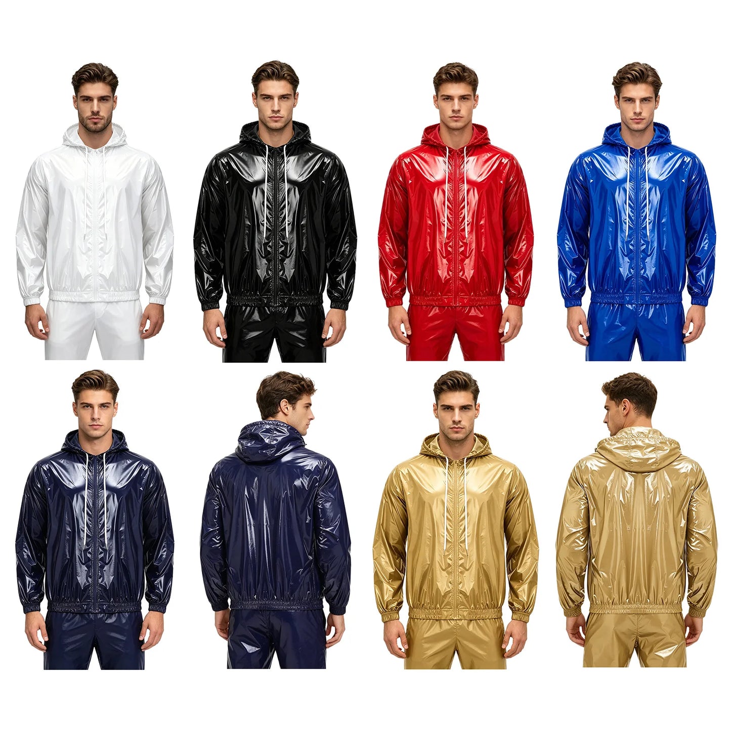 Men Shiny Glossy Hooded Jacket Windbreaker Raincoat for Hiking Fishing Biking Long Sleeve Front Zip-up Drawstring Hood Outerwear