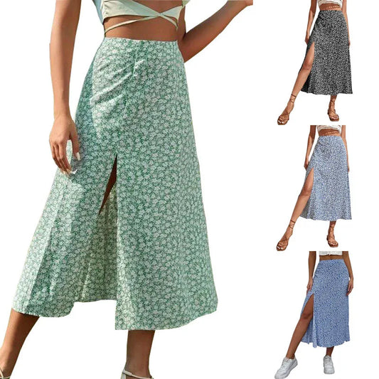 Women's Summer New Floral Print Skirt   Split A-Line Bodycon Long Skirt