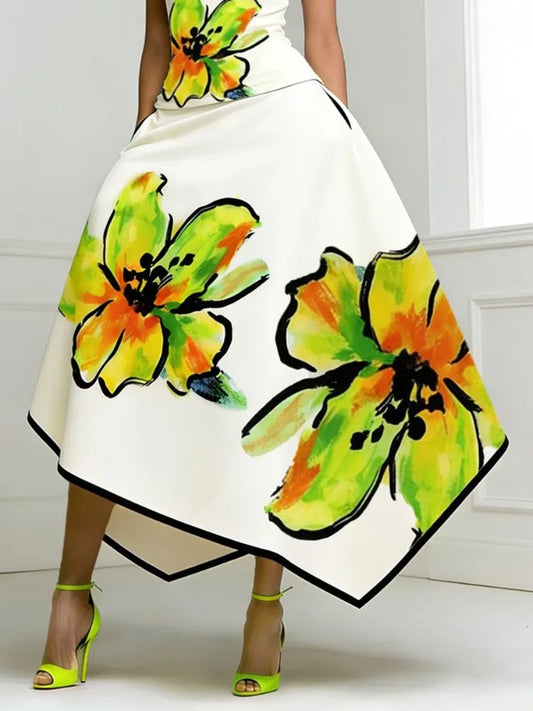 Yeezzi Women's Elegant Floral Printed Midi Skirt High Waist Asymmetric Hem Pockets High Waisted Party Evening A-Line Skirts