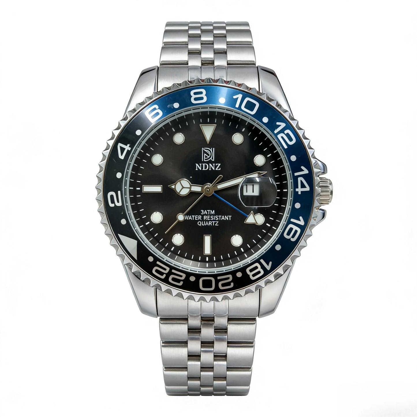 Men's GMT Style Quartz Watch, 3ATM Waterproof Stainless Steel Band, Black Blue Bezel Luminous Wristwatch with Date Display