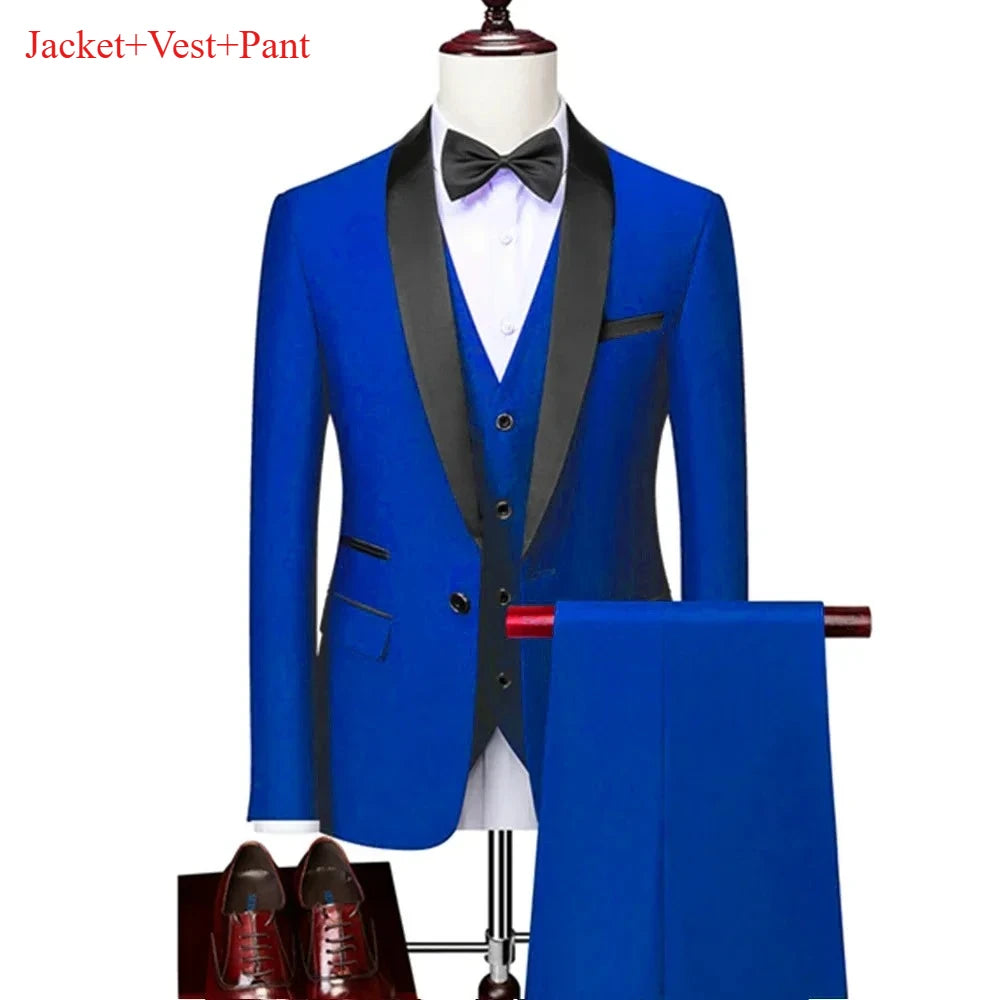 Men's Lapel Black Suit Set Coat Vest Trousers / Business Groomsmen Groom Wedding Dress Fprmal Blazer Pants