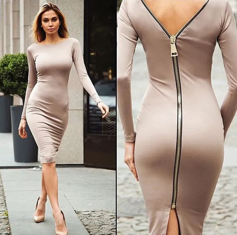 Spring new large size Bodycon dress Solid Color Round neck long sleeve Back zipper tight dress Female Fashion Clothes D1240 BAZAARHUBO