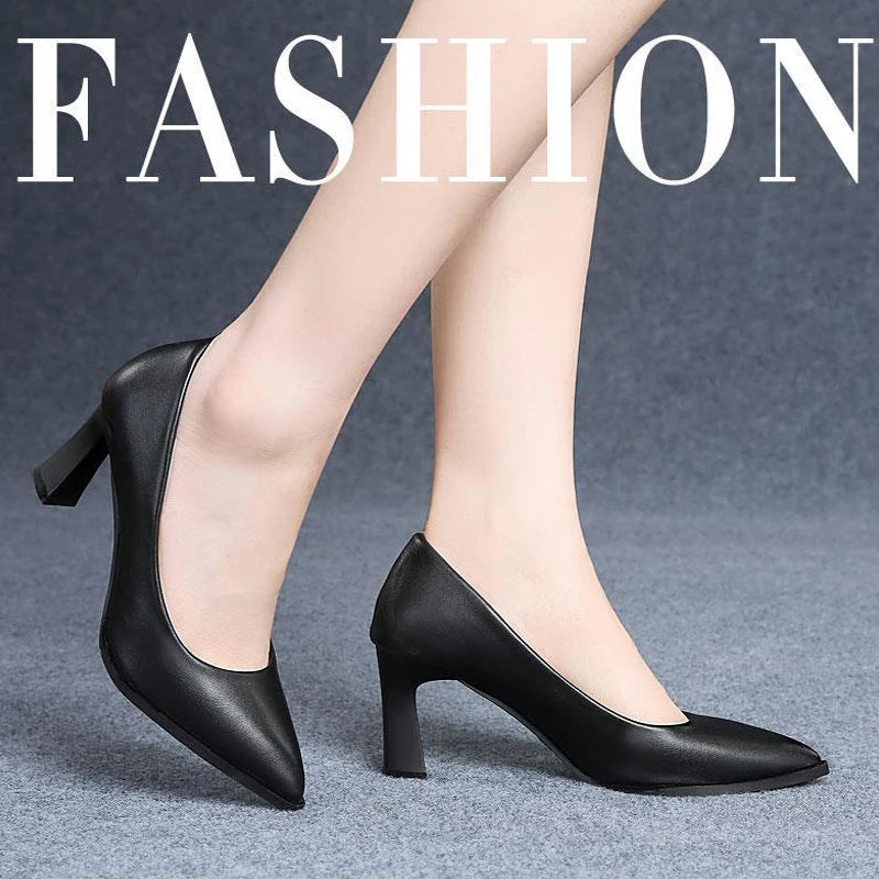 Black Women's Pumps 6-8cm Heel Soft PU Leather Non-slip Single Shoe Professional Interview High Heels Mid Heeled Work Shoes