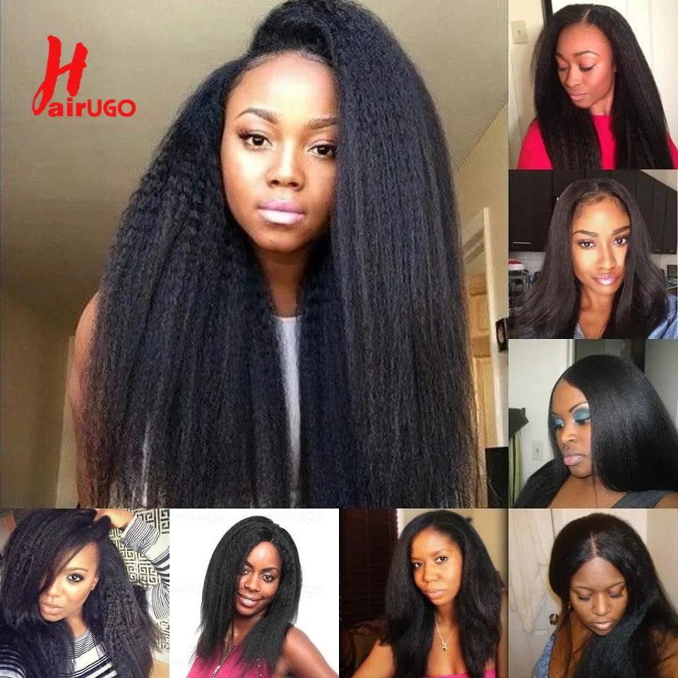 HairUGo Brazilian Kinky Straight 1/3 Bundles Remy Yaki Straight Bundles Human Hair Extensions Natural Color Human Hair Weave