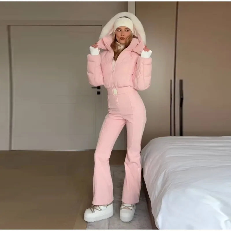 Women  Fur Collar Hooded Skiwear Fashion Solid Thicken Zipper High Waist Slim Outdoor Overalls Jumpsuit  Lady Winter Outwear