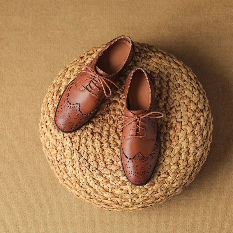Women's New Round Head Burnt Flower Inner and Outer Leather Cowhide Lace up Large Low Heel Block Oxford Shoes