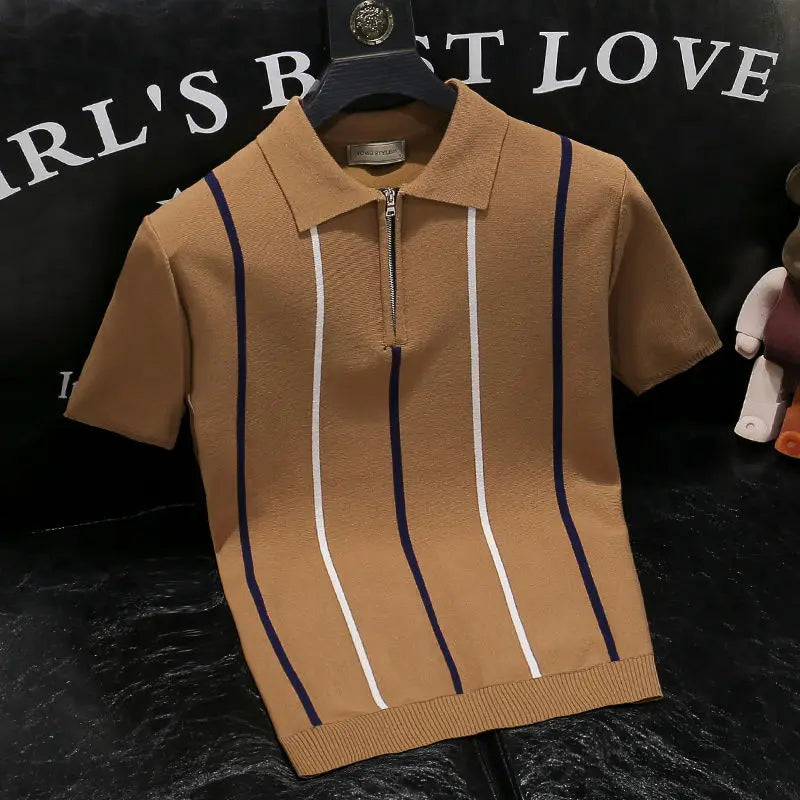 High-end Short-sleeved Men's British Retro Striped Slim Lapel Knitted Contrasting T-shirt 1/2 Pieces
