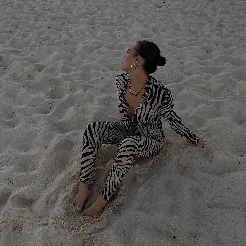 Cryptographic Animal Print Mesh Sheer Stripe Tie Front Detail Top Matching Sets Fashion Outfits 2 Piece Sets Holiday Beachwear