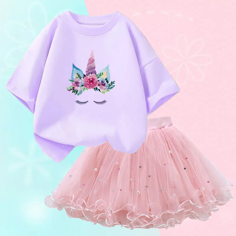 Dresses For Girl Summer Fashion Wear Outfit Kids T-Shirt Suit Unicorn Party Baby Costumes For Children Tulle Tutu Skirt Clothing