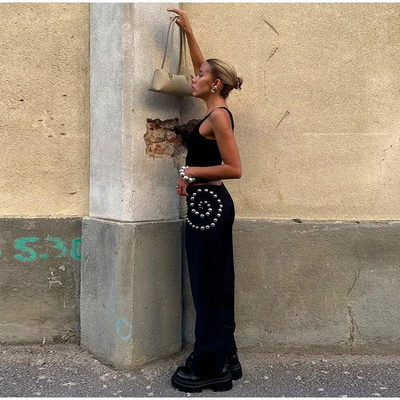 Studs Women Pants Solid Color Pants with Spiral Arranged Studs High Waist Straight Leg Pants Stylish Ladies Outfit  Street Style
