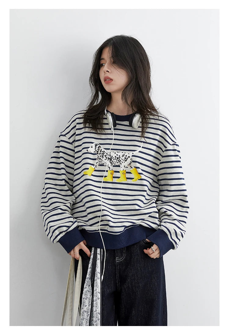CHIC VEN New Women T-Shirts Loose Casual Round Neck Striped Dog Print Long Sleeved Female Tees Pullover Autumn Winter 2025