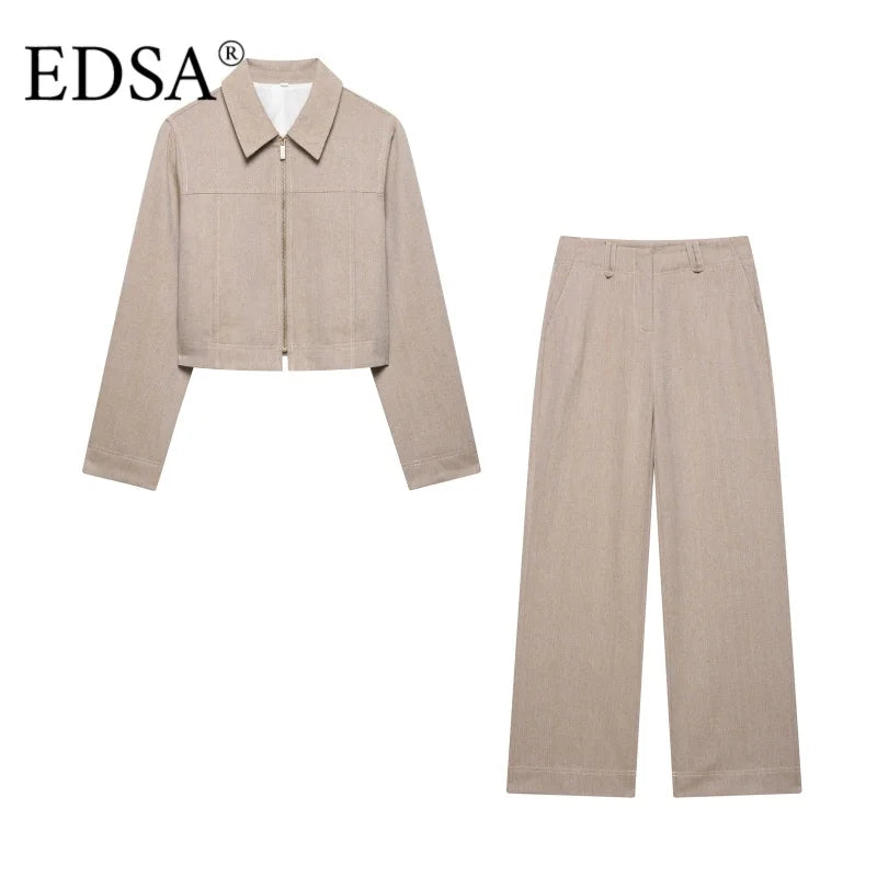 EDSA Women Khaki Herringbone Pants Set Cropped Jacket Long Sleeves Side Zip Low-rise Straight Leg Long Trousers Female Suits