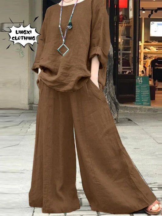 2024 New Matching Collection Women's Fashion Casual Loose Solid Cotton Linen Shirt Long Sleeve Trouser Set Two Piece Set