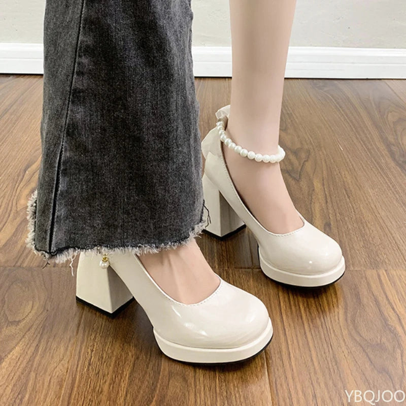 Ladies' elegant high heels Chunky Platform High Heels Women Leather Ankle Buckle Mary Jane Shoes Woman Pearl Pumps Zapatos Mujer