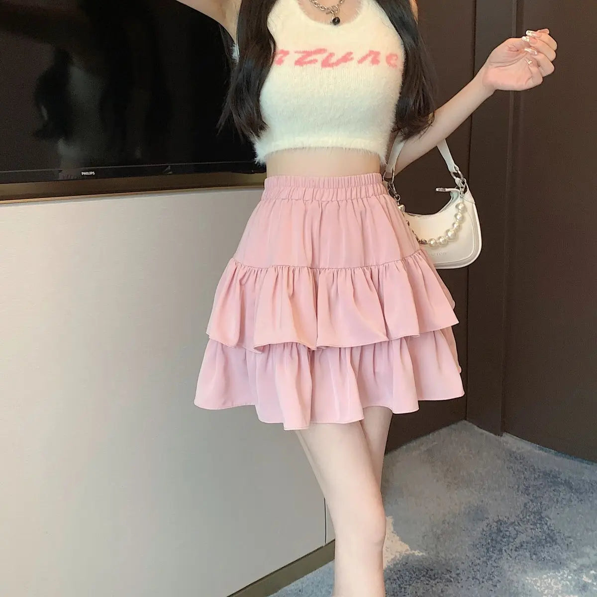 Ruffled Cake Skirts for Women High-waisted A-line Solid All-match Sweet Lovely Girls Korean Style Gentle Spring Kawaii Casual